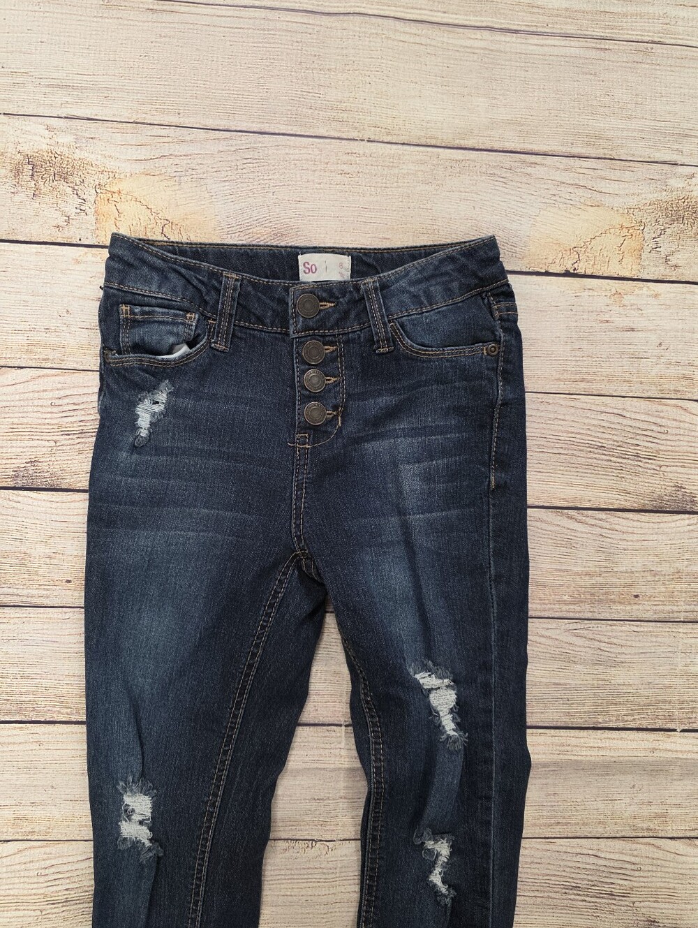 SO Dark Wash Distressed Button-Fly Jeans Size 8 - Picture 2 of 6